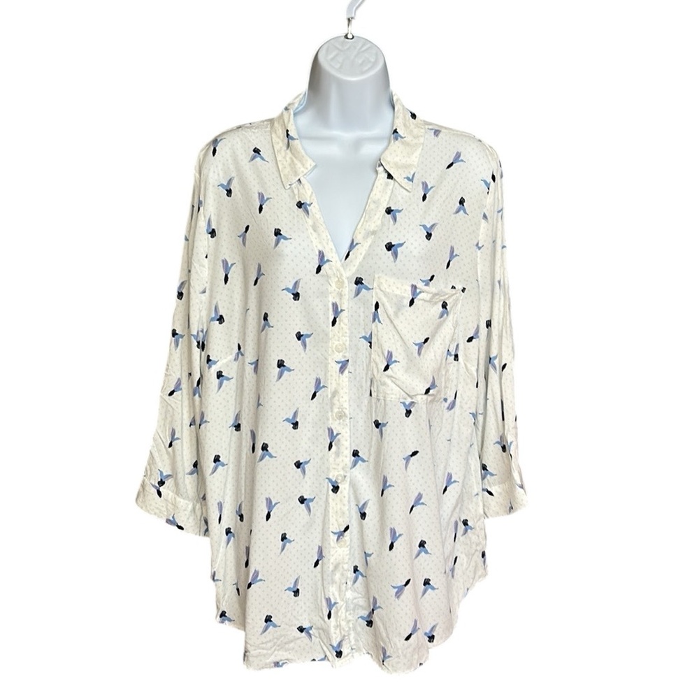 D/C Jeans White Blue Hummingbird Long Sleeve Blouse Size 12